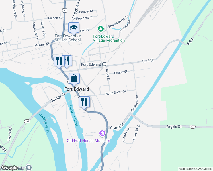 map of restaurants, bars, coffee shops, grocery stores, and more near 16 Lydius Street in Fort Edward
