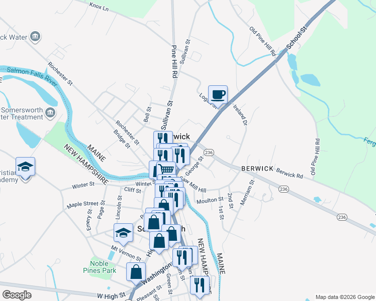 map of restaurants, bars, coffee shops, grocery stores, and more near 25 School Street in Berwick