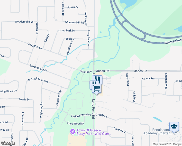 map of restaurants, bars, coffee shops, grocery stores, and more near 2 Wood Run Commons in Rochester