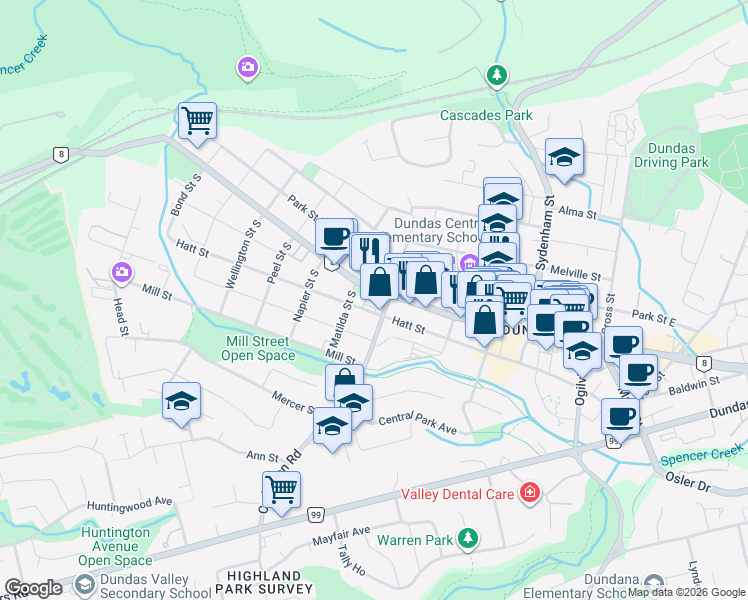 map of restaurants, bars, coffee shops, grocery stores, and more near 10 Market Street South in Hamilton
