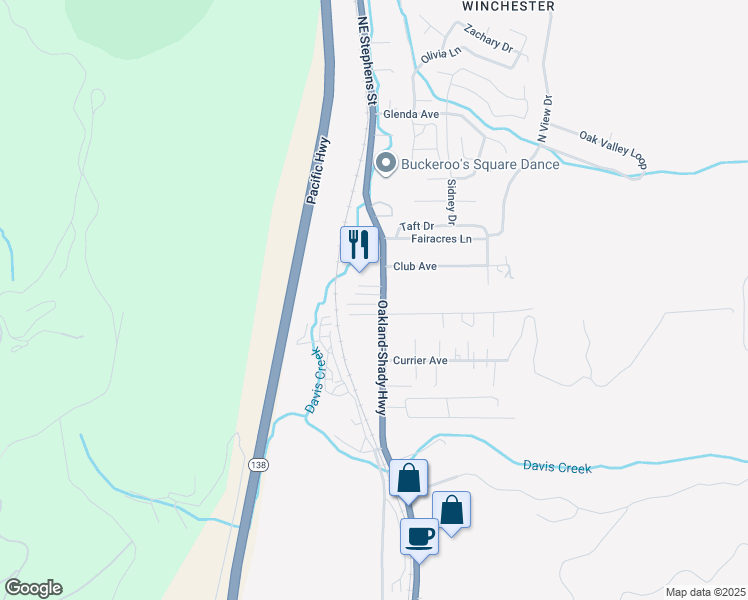 map of restaurants, bars, coffee shops, grocery stores, and more near 160 O Neal Lane in Roseburg