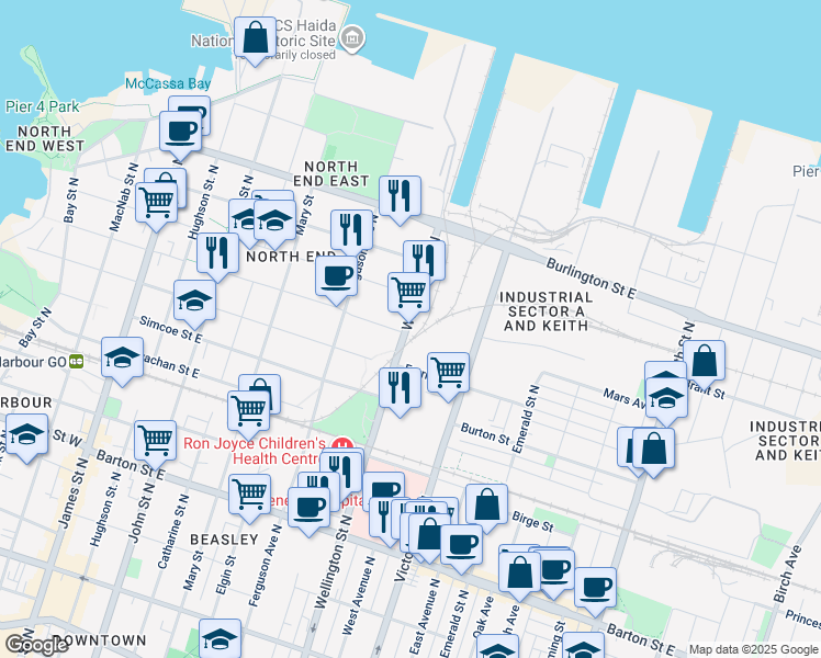 map of restaurants, bars, coffee shops, grocery stores, and more near 450 Wellington Street North in Hamilton