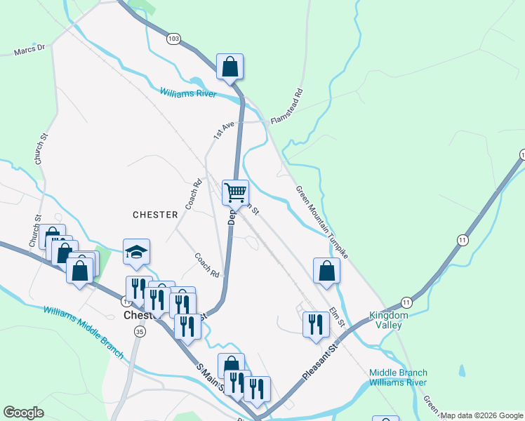 map of restaurants, bars, coffee shops, grocery stores, and more near 458 Elm Street in Chester