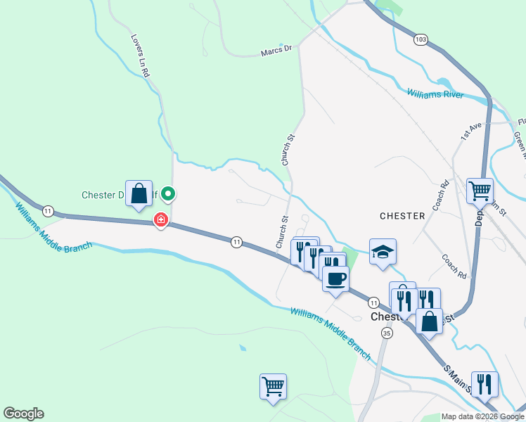 map of restaurants, bars, coffee shops, grocery stores, and more near 45 Orcutt Dr in Chester
