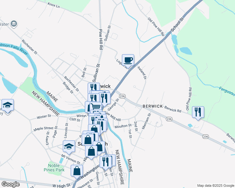 map of restaurants, bars, coffee shops, grocery stores, and more near 8 Allen Street in Berwick