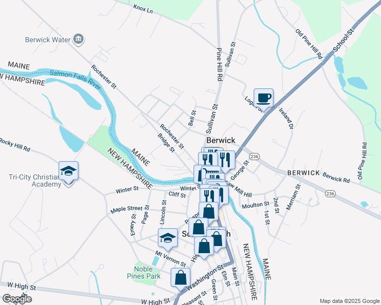 map of restaurants, bars, coffee shops, grocery stores, and more near 20 Rochester Street in Berwick