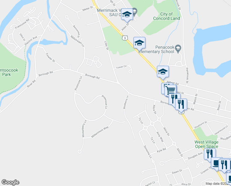 map of restaurants, bars, coffee shops, grocery stores, and more near 61 Borough Road in Concord