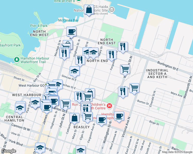 map of restaurants, bars, coffee shops, grocery stores, and more near 133 Ferrie Street East in Hamilton