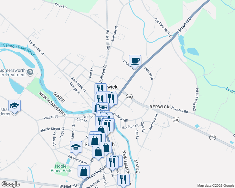 map of restaurants, bars, coffee shops, grocery stores, and more near 25 School Street in Berwick