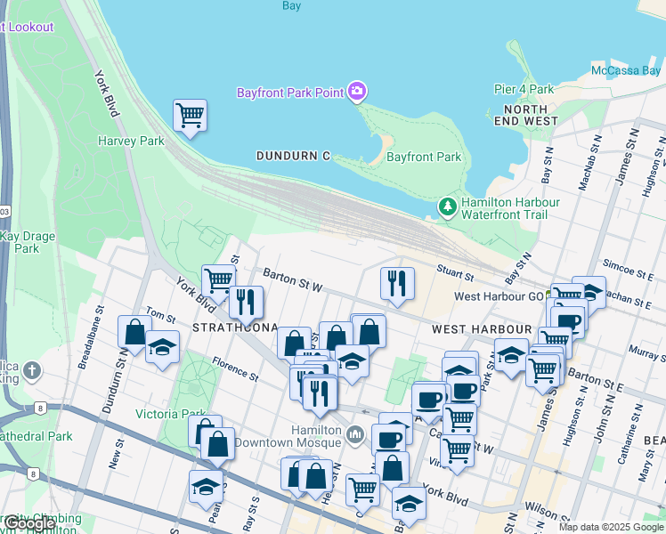 map of restaurants, bars, coffee shops, grocery stores, and more near 243 Queen Street North in Hamilton