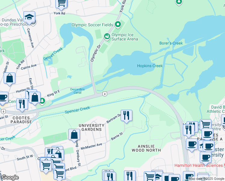 map of restaurants, bars, coffee shops, grocery stores, and more near Highway 8 in Hamilton