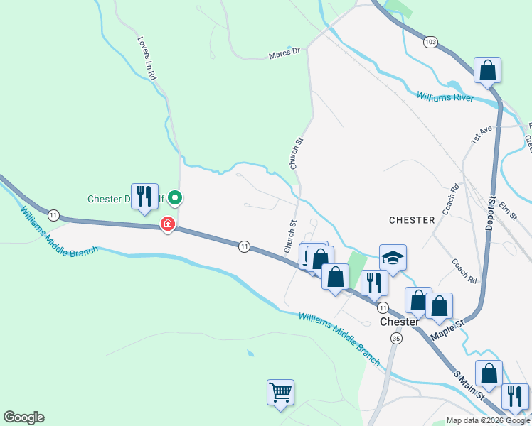 map of restaurants, bars, coffee shops, grocery stores, and more near 45 Orcutt Drive in Chester