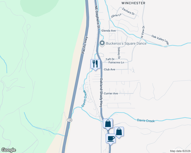 map of restaurants, bars, coffee shops, grocery stores, and more near 256 Stonehenge Lane in Roseburg