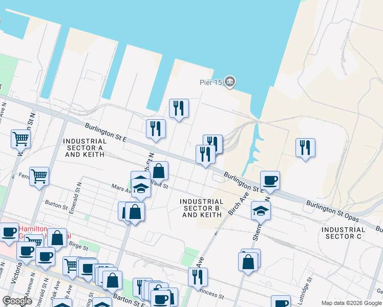 map of restaurants, bars, coffee shops, grocery stores, and more near 573 Burlington Street East in Hamilton