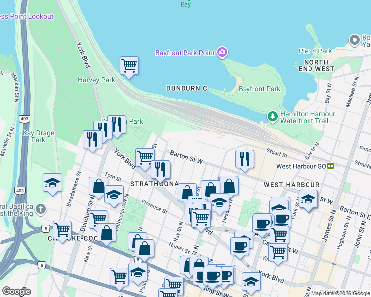 map of restaurants, bars, coffee shops, grocery stores, and more near 290 Barton Street West in Hamilton