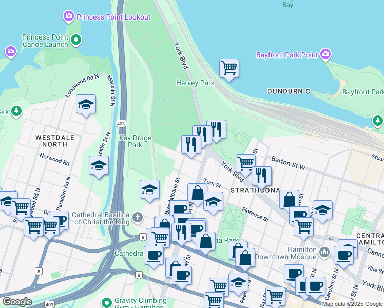 map of restaurants, bars, coffee shops, grocery stores, and more near in Hamilton