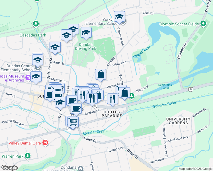map of restaurants, bars, coffee shops, grocery stores, and more near 7 Hunter Street in Hamilton