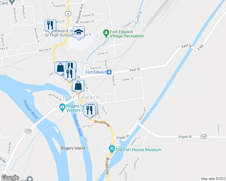 map of restaurants, bars, coffee shops, grocery stores, and more near 18 Rogers Street in Fort Edward