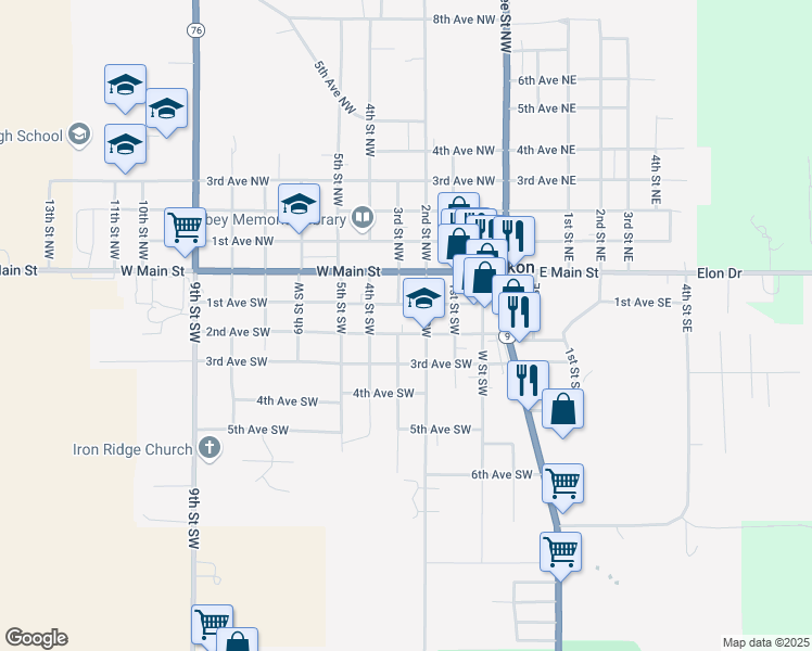 map of restaurants, bars, coffee shops, grocery stores, and more near 209 2nd Avenue Southwest in Waukon