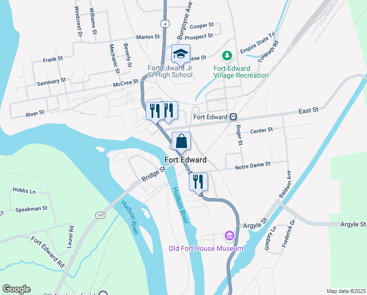 map of restaurants, bars, coffee shops, grocery stores, and more near 112 Broadway in Fort Edward
