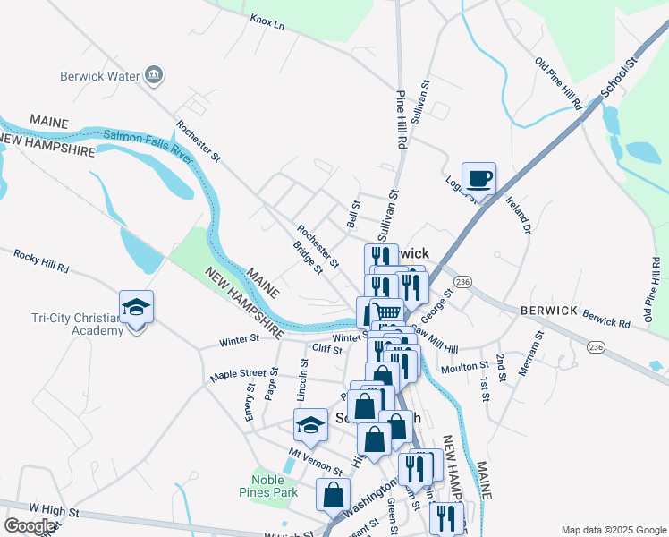 map of restaurants, bars, coffee shops, grocery stores, and more near 19 Bridge Street in Berwick