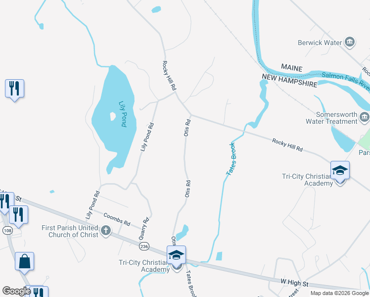 map of restaurants, bars, coffee shops, grocery stores, and more near 45 Otis Road in Somersworth