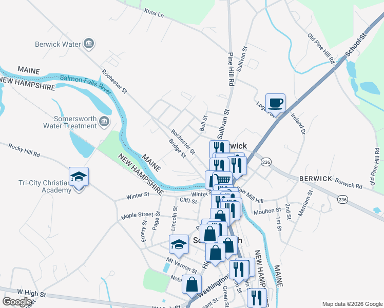 map of restaurants, bars, coffee shops, grocery stores, and more near 25 Rochester Street in Berwick