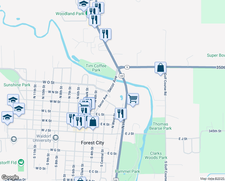 map of restaurants, bars, coffee shops, grocery stores, and more near Secor Avenue in Forest City