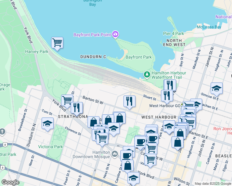 map of restaurants, bars, coffee shops, grocery stores, and more near 243 Queen Street North in Hamilton