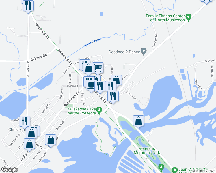 map of restaurants, bars, coffee shops, grocery stores, and more near 2622 Riverview Avenue in North Muskegon