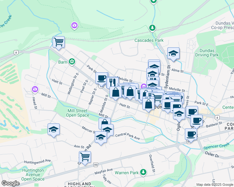 map of restaurants, bars, coffee shops, grocery stores, and more near 215 King Street West in Hamilton