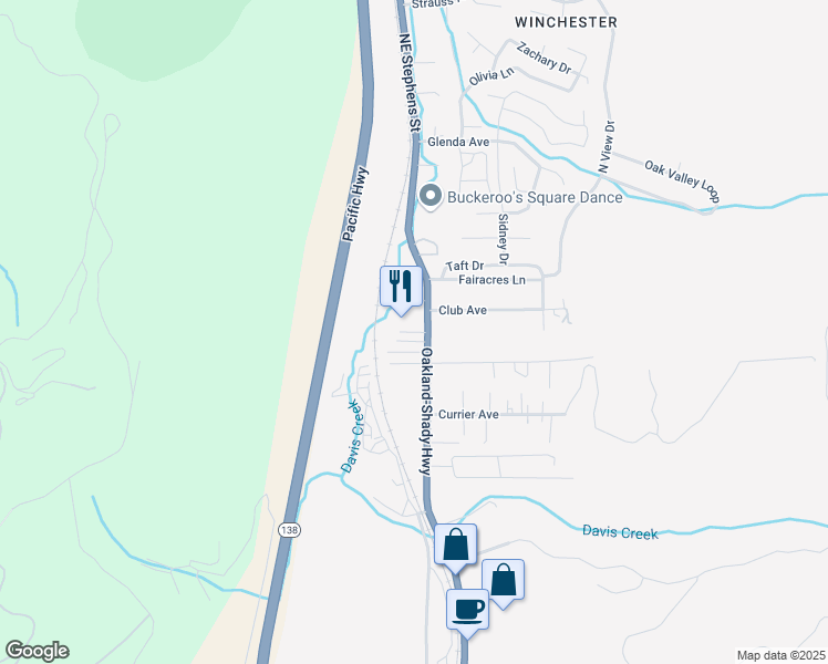 map of restaurants, bars, coffee shops, grocery stores, and more near 132 Stonehenge Lane in Roseburg