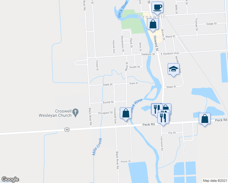 map of restaurants, bars, coffee shops, grocery stores, and more near 113 Croswell Avenue in Croswell