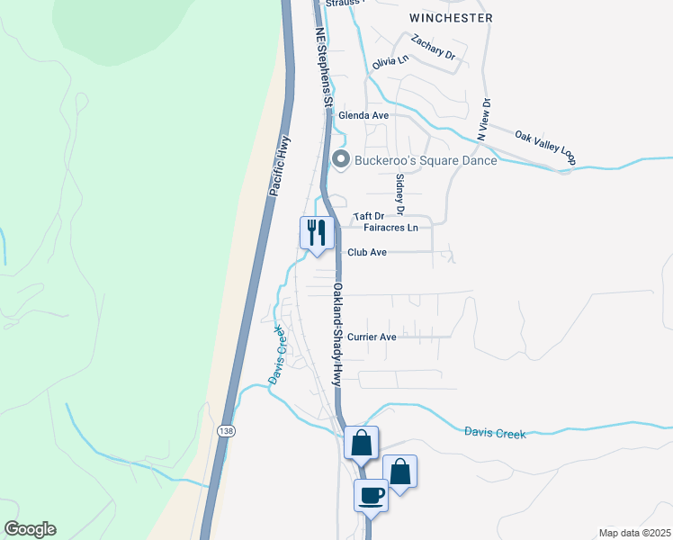 map of restaurants, bars, coffee shops, grocery stores, and more near 119 Stonehenge Lane in Roseburg