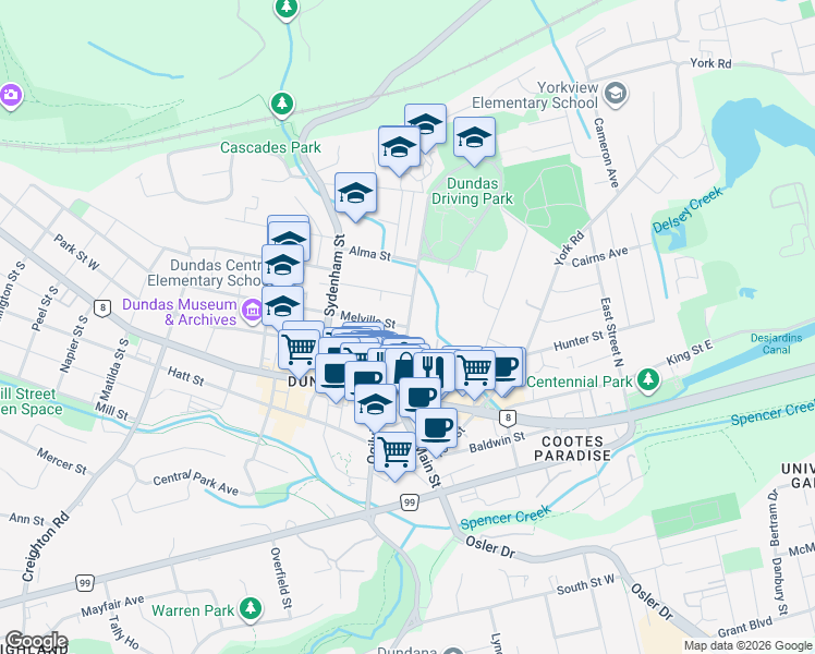 map of restaurants, bars, coffee shops, grocery stores, and more near Cross Street in Hamilton