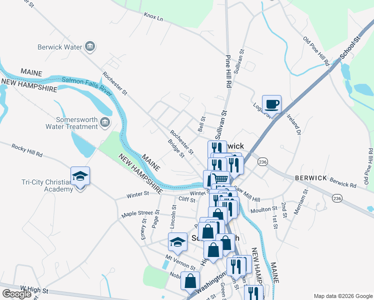 map of restaurants, bars, coffee shops, grocery stores, and more near 19 Bridge Street in Berwick
