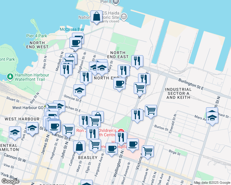map of restaurants, bars, coffee shops, grocery stores, and more near 159 Ferrie Street East in Hamilton