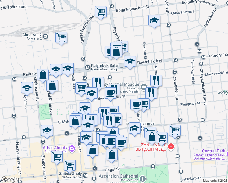 map of restaurants, bars, coffee shops, grocery stores, and more near 20 Kunaev Street in Almaty