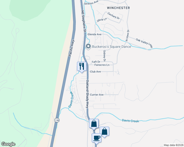 map of restaurants, bars, coffee shops, grocery stores, and more near 116 Club Avenue in Roseburg