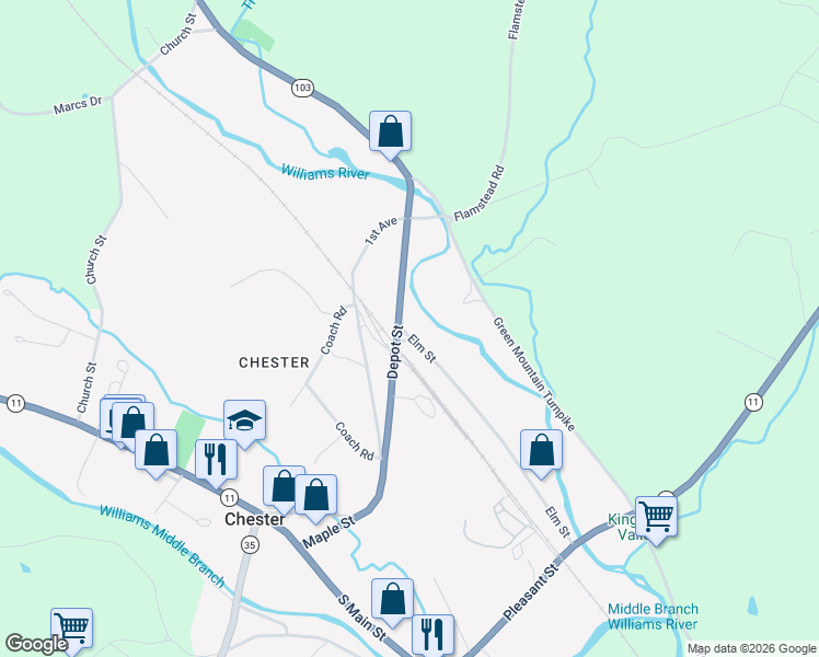 map of restaurants, bars, coffee shops, grocery stores, and more near 641 Depot Street in Chester