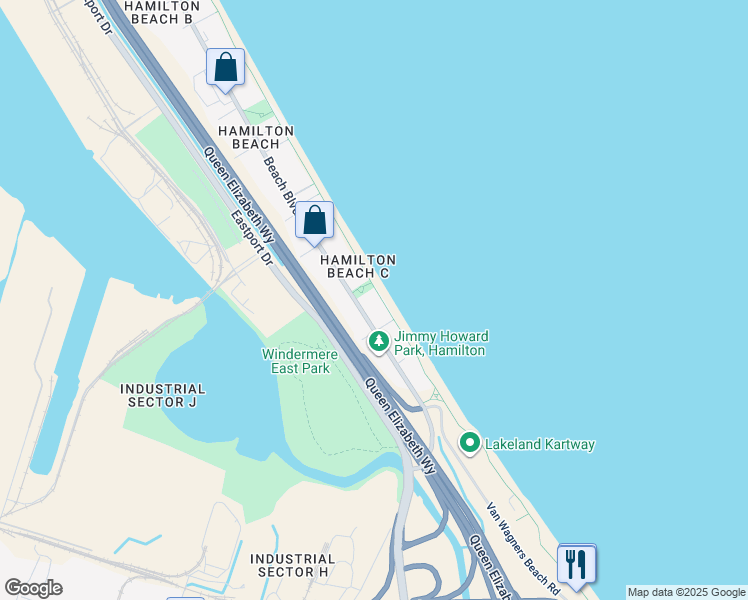 map of restaurants, bars, coffee shops, grocery stores, and more near 175 Beach Boulevard in Hamilton