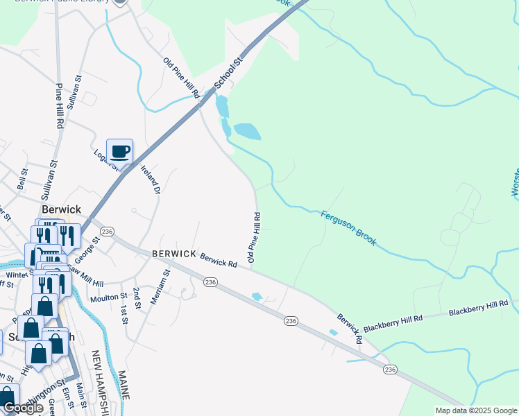 map of restaurants, bars, coffee shops, grocery stores, and more near 24 Old Pine Hill Road in Berwick