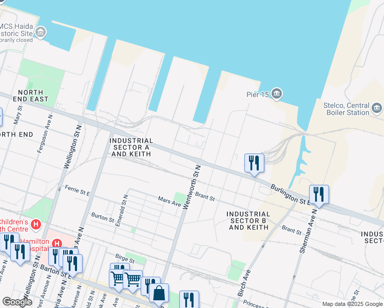 map of restaurants, bars, coffee shops, grocery stores, and more near 487 Burlington Street East in Hamilton