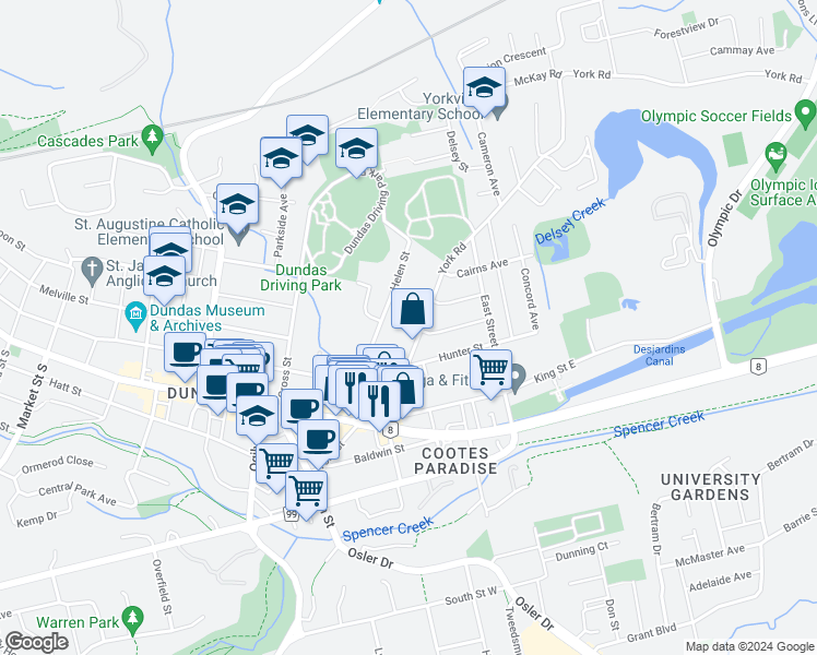 map of restaurants, bars, coffee shops, grocery stores, and more near 105 York Road in Hamilton