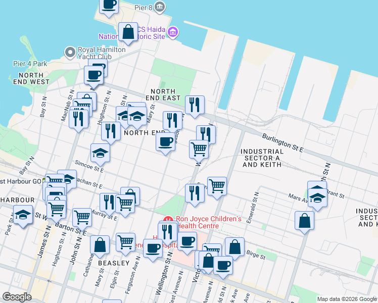 map of restaurants, bars, coffee shops, grocery stores, and more near 218 Macaulay Street East in Hamilton