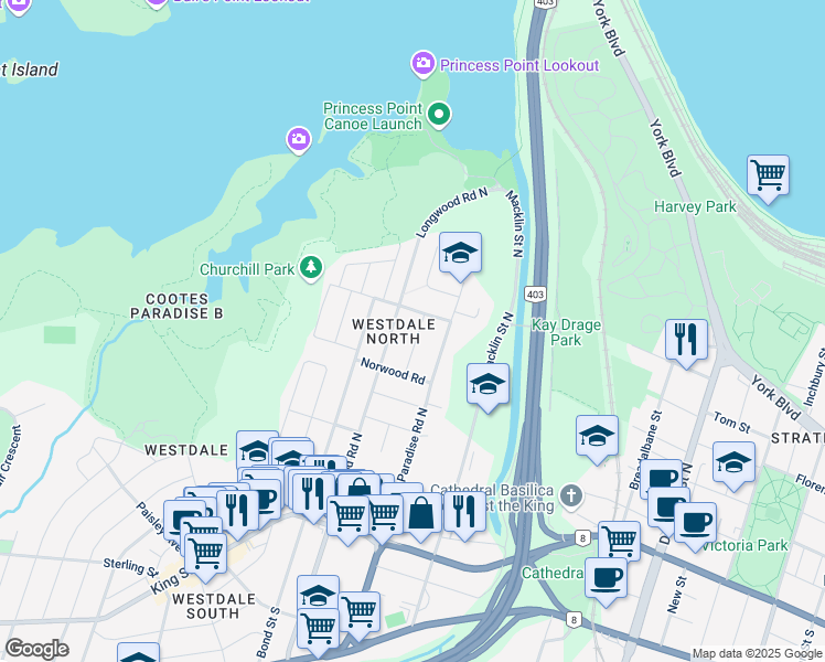 map of restaurants, bars, coffee shops, grocery stores, and more near 37 Kenmore Road in Hamilton