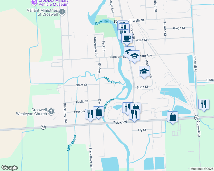 map of restaurants, bars, coffee shops, grocery stores, and more near 37 State Street in Croswell