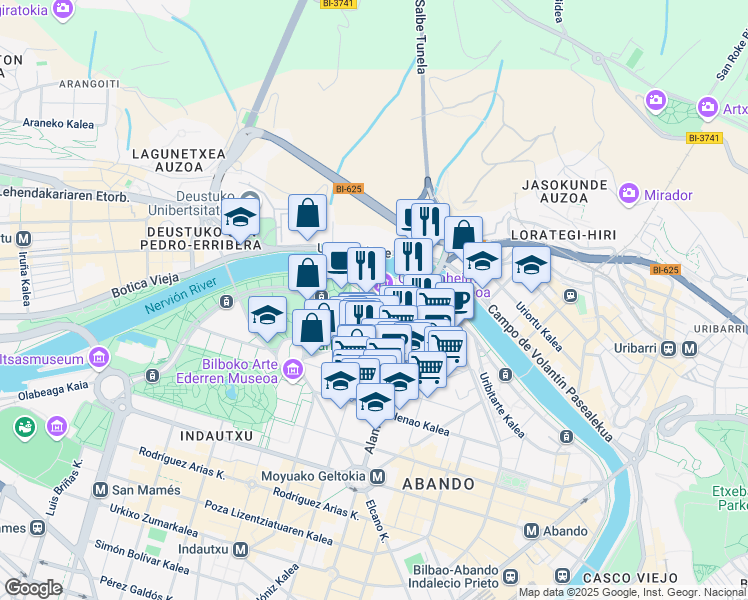 map of restaurants, bars, coffee shops, grocery stores, and more near 2 Abandoibarra Etorbidea in Bilbo