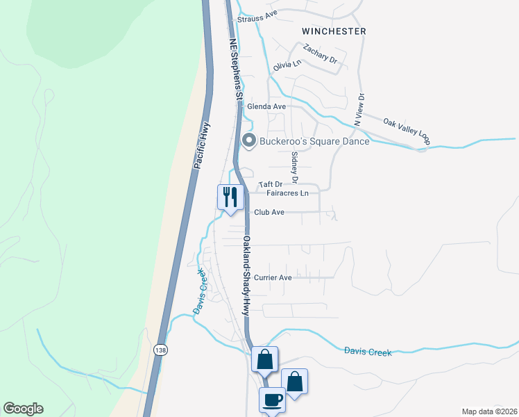 map of restaurants, bars, coffee shops, grocery stores, and more near 116 Club Avenue in Roseburg
