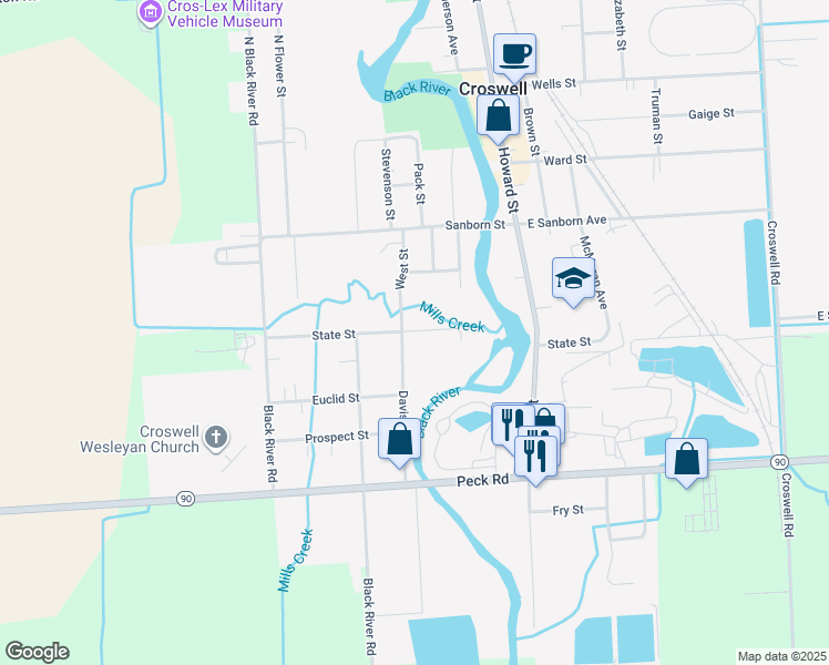 map of restaurants, bars, coffee shops, grocery stores, and more near 37 Davis Street in Croswell